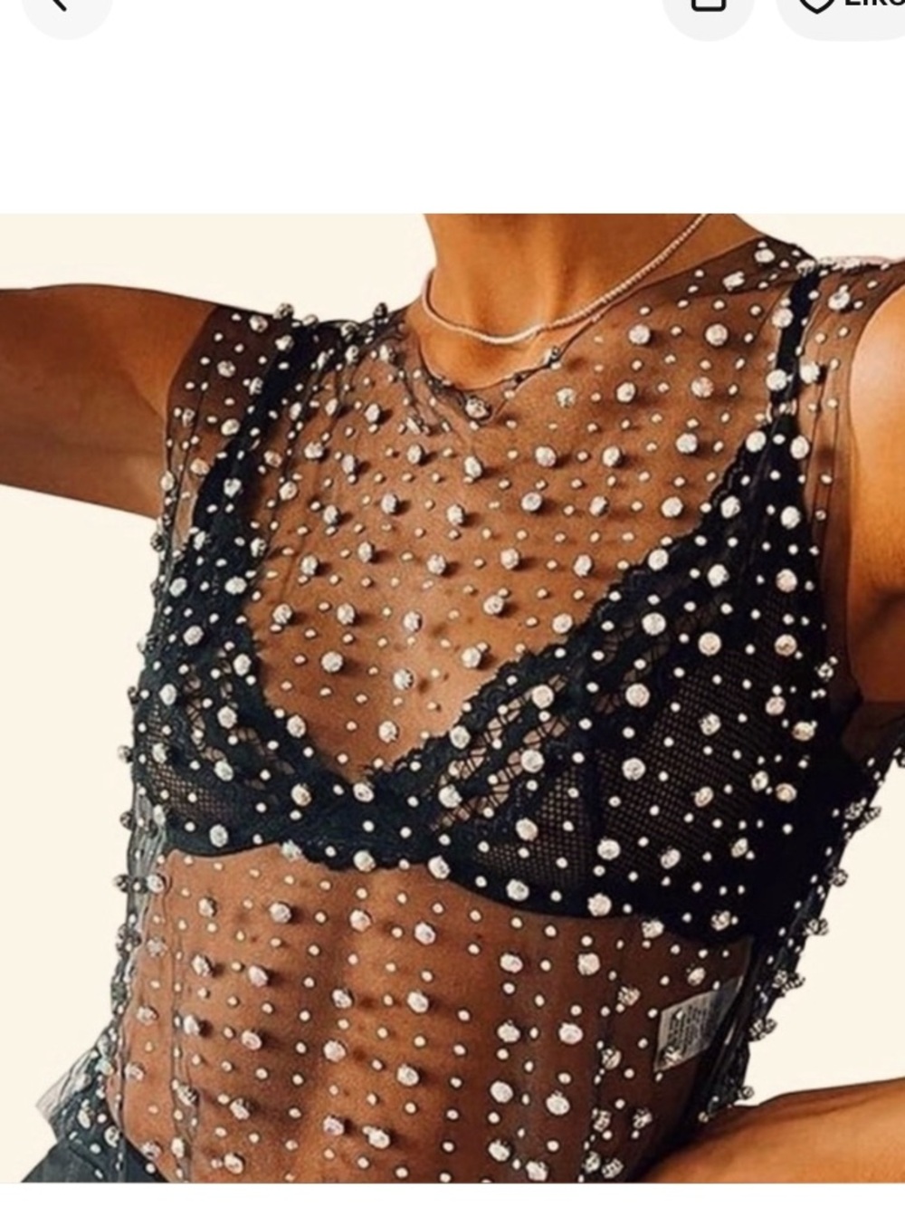 Pearl-Embellished Sheer Mesh Camisole - Black
